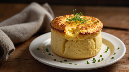 Delicious cheese soufflé served on a rustic wooden table  