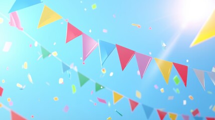 Obraz premium Festive Celebration: Colorful bunting and confetti drift against a bright blue sky, creating a sense of joy and celebration. 