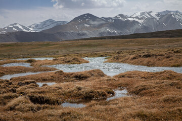 Rivi&egrave;re glaci&egrave;re alimentant le Syr Daria sur un haut plateau du Kirghizistan