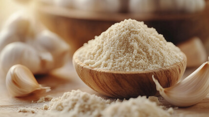 Fototapeta premium Captivating close-up of garlic powder emphasizing its texture on a pristine white background.