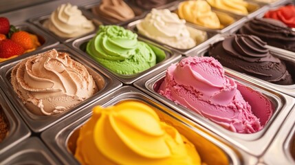 A Symphony of Flavors: A mouthwatering close-up of a display featuring a multitude of ice cream tubs, each brimming with a different color, beckoning the viewer with the promise of sweet.