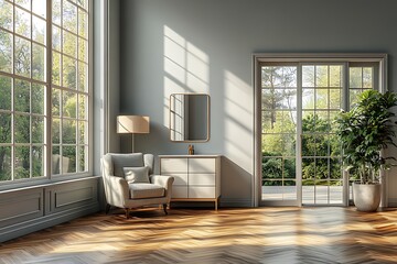 Fototapeta premium Sunlit Interior Design: Elegant Living Room with Large Windows and French Doors