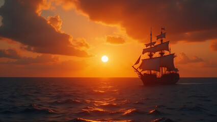 Fototapeta premium Pirate Ship at Sunset on the Ocean