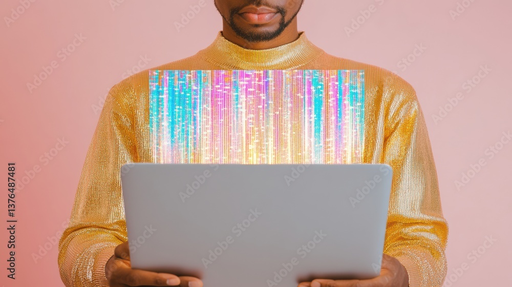 Aufkleber innovative tech visualization vibrant ai holographic data streams on minimalist laptop, showcasing n