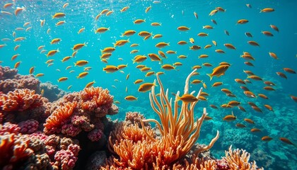 Fototapeta premium Vibrant Underwater Scene of Coral Reef and School of Fish Swimming in Crystal Clear Ocean Water