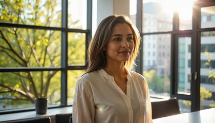 Fototapeta premium Young woman smiling softly against window with sunlight and greenery 
