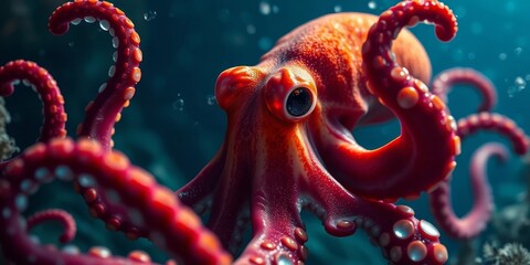 A Vibrant Red Octopus with Suckers, Gracefully Moving Through the Ocean Depths, Its Tentacles Flowing in the Current
