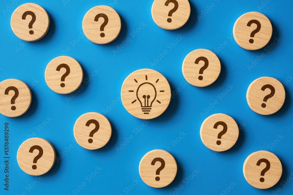 Poster illumination in the inquiry: a central light bulb icon sparks amidst a sea of question marks, symbol