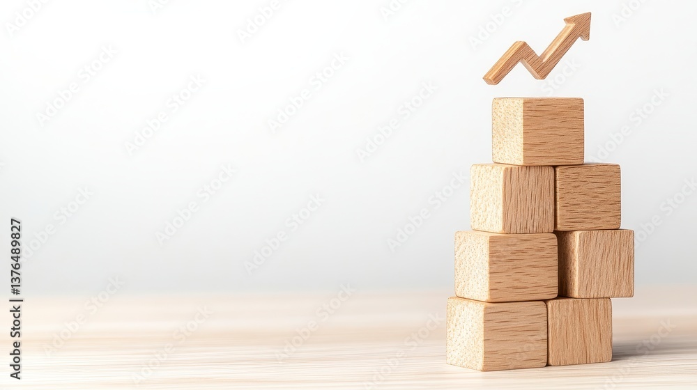 Poster wooden blocks stacked to form an upward trending graph on a light background