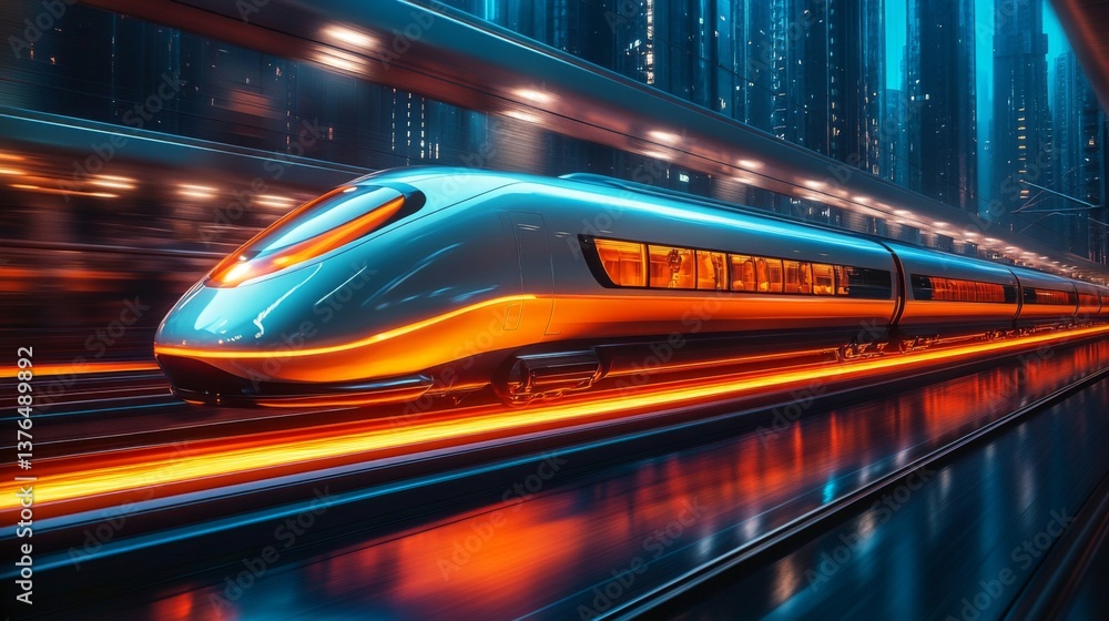 Aufkleber A sleek futuristic train glides swiftly along tracks embedded in a glowing urban setting, highlighting innovations in automation and smart mobility systems.
