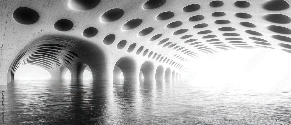 Poster abstract grayscale image of a futuristic, domed structure over water. circular cutouts create a uniq