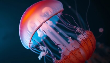 Fototapeta premium Mesmerizing underwater spectacle a vibrant jellyfish with translucent bell and intricate trailing tentacles, illuminated in a captivating blend of orange and blue hues