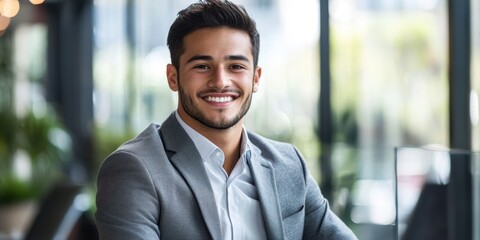 Obraz premium Confident Portrait: A handsome man dressed in a formal suit exudes confidence with a charming smile, representing professionalism and success