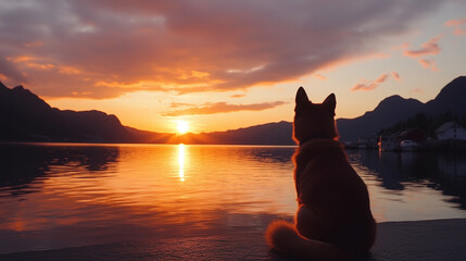 Dog watching sunset by calm lake with mountains in background