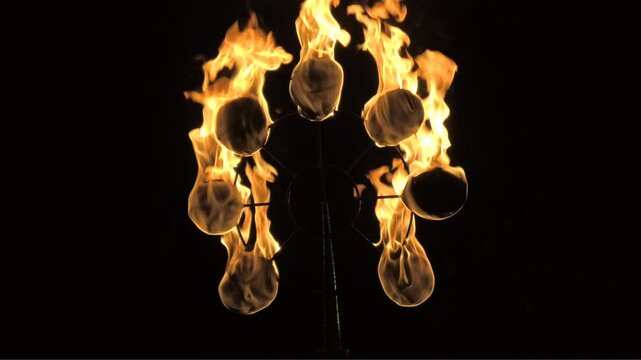 The fire lamp lit at night during temple festivals in Kerala, India