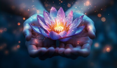 Holding Lotus Flower in Hands Glowing with Spiritual Energy and Light
