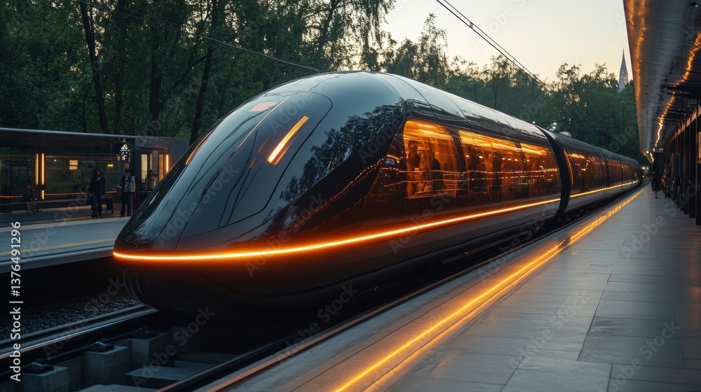 Poster a sleek autonomous train waits at a modern station, glowing softly as commuters board. the scene hig