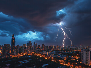 Lightning strike over city skyline during night thunderstorm