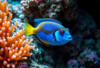 Obraz premium Vibrant Marine Life A Striking Blue and Yellow Fish in a Coral Reef Habitat