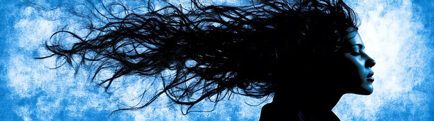 Woman's silhouette, windy hair, blue sky