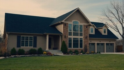 Expansive suburban residence showcasing architectural details, manicured lawn, and a welcoming facade under a serene sky