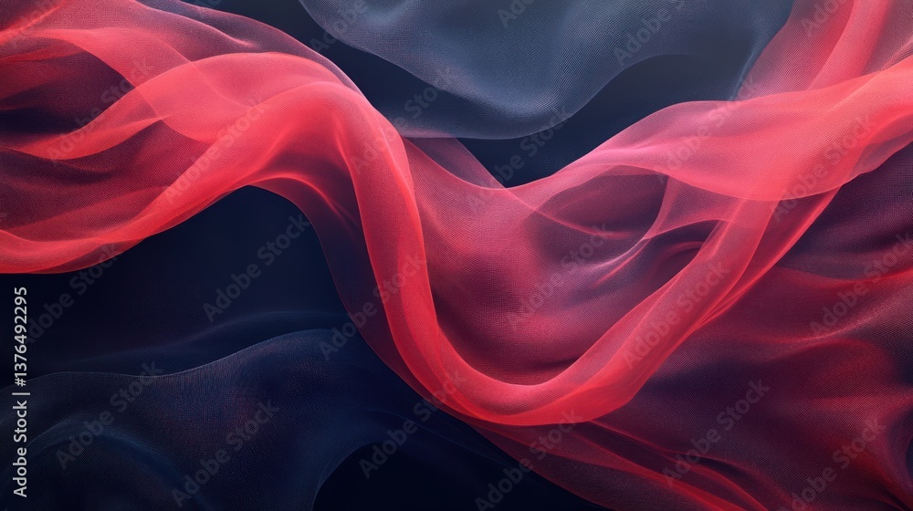 Poster abstract image of flowing, translucent fabrics in shades of red and dark blue, creating a dynamic, w