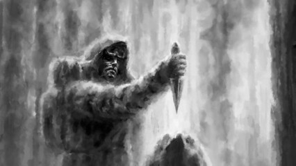 A journey into the dark past. Illustration in horror fantasy genre. Gloomy silhouettes of travelers. Coal and noise effect. Black and white background colors.