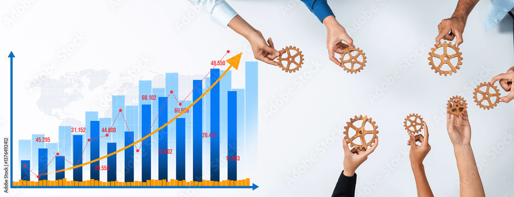 Poster this image illustrates teamwork in a corporate environment, featuring hands holding gears alongside 
