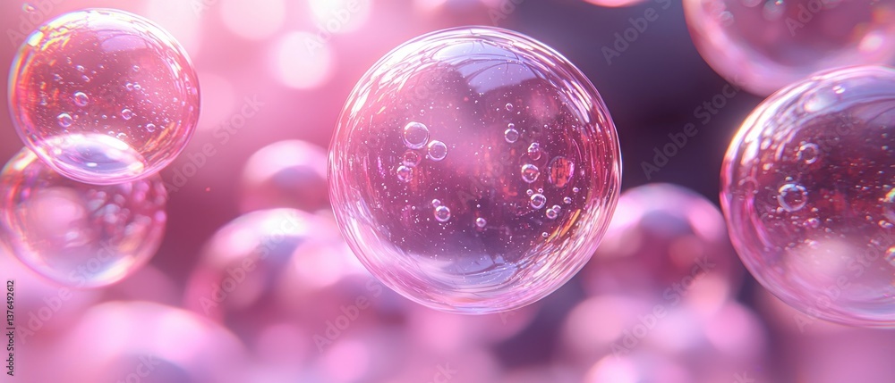 Poster abstract image of pink bubbles floating, creating a dreamy and ethereal atmosphere. light refracts, 