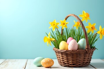 colorful easter eggs in a wicker basket
