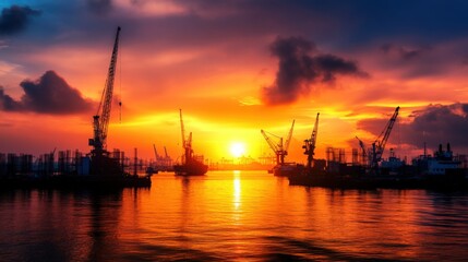 Obraz premium Sunset over port cranes industrial harbor photography evening aesthetic beauty