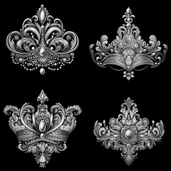 Royalty Emblems Collection: A luxurious collection of four ornate royal crowns and emblems rendered in exquisite detail, showcasing intricate filigree and jewel-like embellishments.