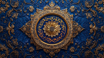 Fototapeta premium Floral design with Arabic calligraphy centered on rich blue background. Exquisite detailing highlights craftsmanship and cultural significance. Concept of art, design, cultural heritage