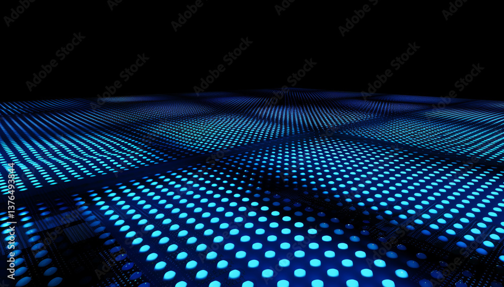 Poster grid of glowing blue data points creates futuristic and dynamic pattern on dark background, evoking 