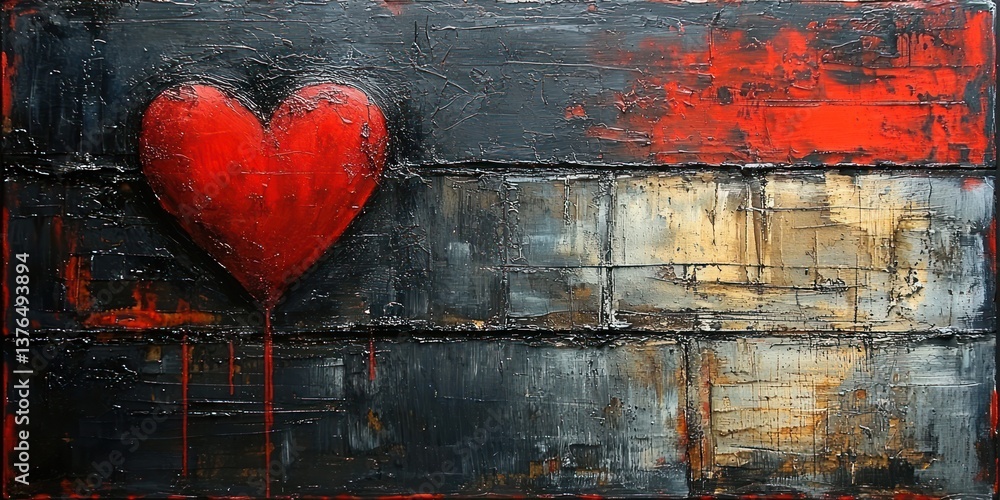 Poster abstract painting featuring a large red heart dripping paint onto a textured, dark background with m
