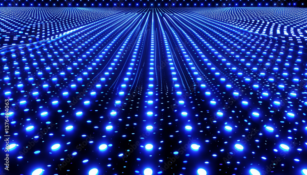 Poster grid of glowing blue data points creates futuristic and dynamic digital landscape on dark background