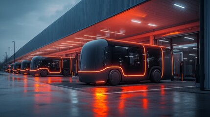 Electric vehicles await charging at a cutting edge logistics center illuminated by orange lights during twilight, showcasing advancements in transportation and infrastructure.