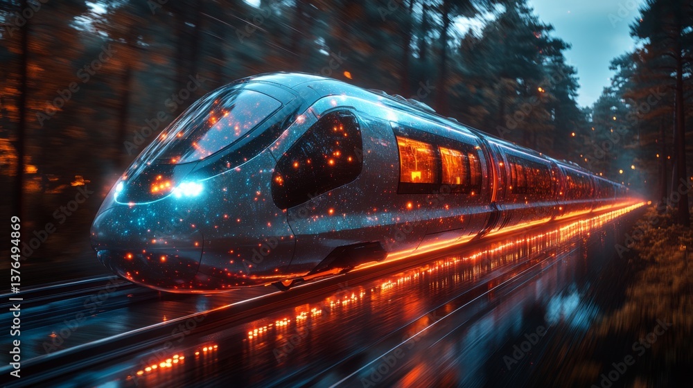 Poster a sleek smart train zips through a vibrant urban environment, showcasing cutting edge technology in 