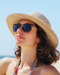 Woman smiling in sunglasses and straw hat at the beach