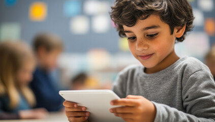 A young boy in a gray long-sleeved shirt is using a tablet at a table. 