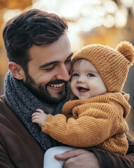 Father holding happy baby in warm clothes during autumn day