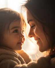 Smiling mother and child sharing tender moment in warm light