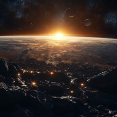 A Cosmic Dawn: Earth's Horizon Ablaze with Stellar Fire, Seen From Lunar Peaks Under a Star-Strewn Sky.