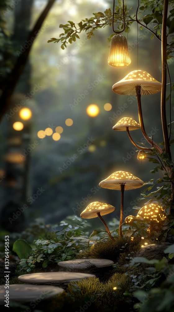 Poster enchanted forest scene with glowing mushrooms illuminating a mystical pathway surrounded by lush gre