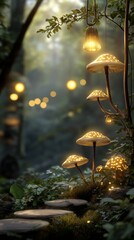 Enchanted forest scene with glowing mushrooms illuminating a mystical pathway surrounded by lush greenery and soft light creating a magical atmosphere concept