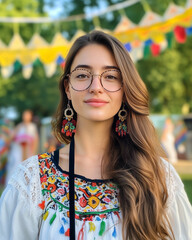 Woman in traditional embroidered blouse at cultural festival