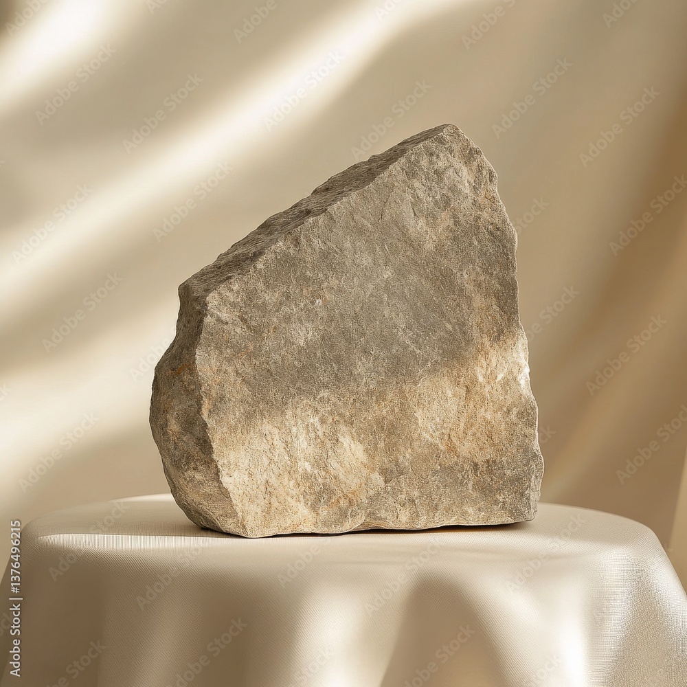 Fototapete elegant stone display: a textured rock on a table with subtle lighting for product presentation