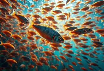 A Vibrant Underwater Scene of a Single Fish Swimming Amongst a Large School of Similar-Colored Fish in a Deep Blue Ocean