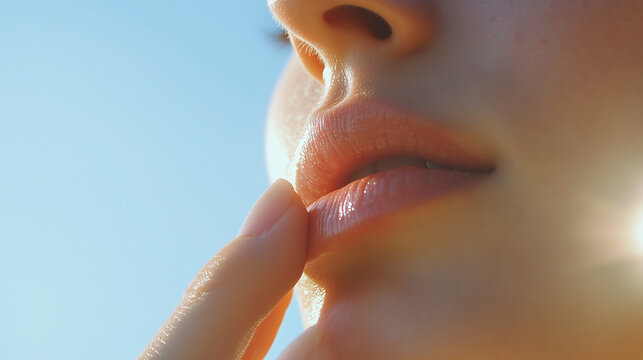 Woman touching lips gently in sunlight close-up against blue sky