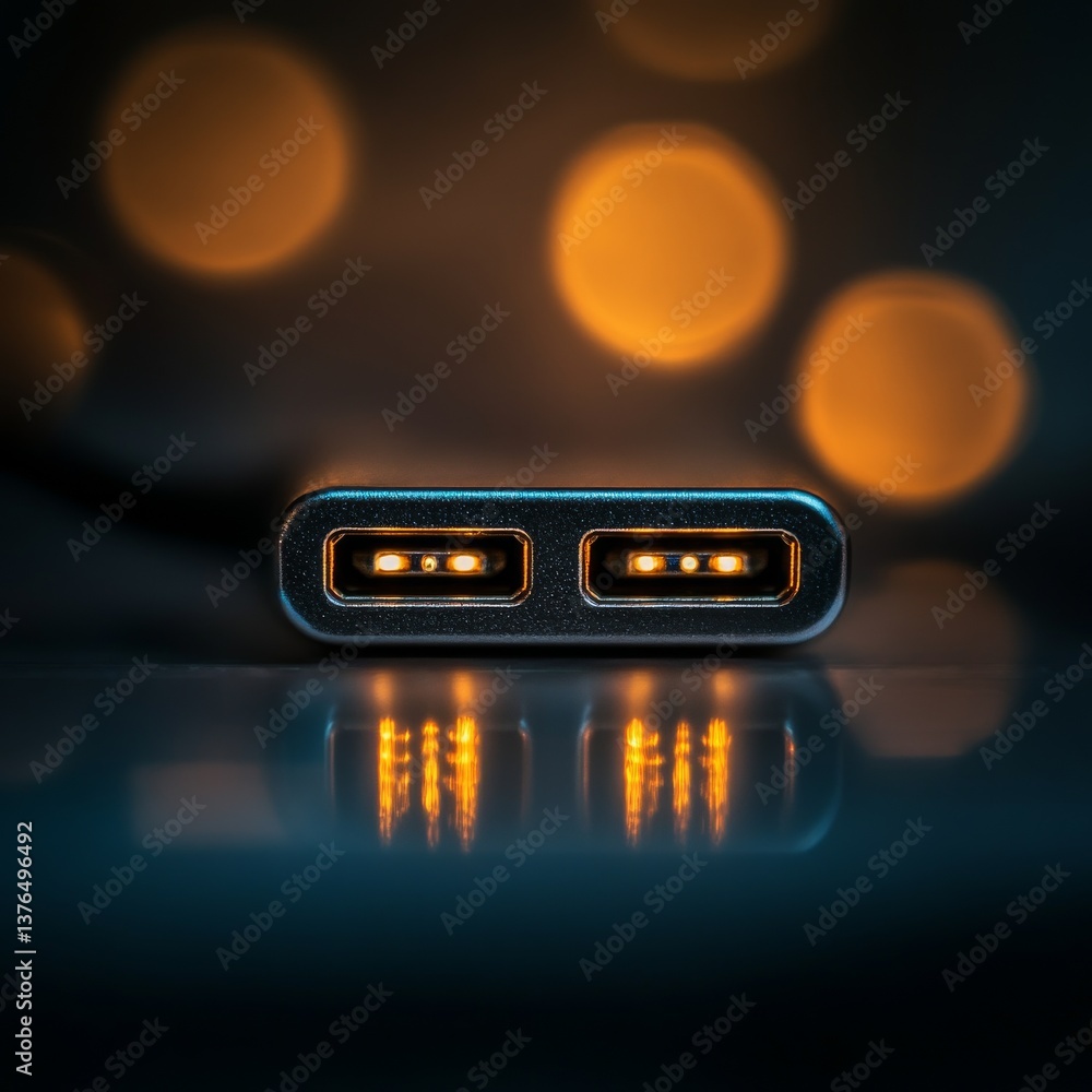 Leinwandbilder Illuminated USB Connector Macro with Bokeh Background and Reflective Surface - Close-up Technology Image